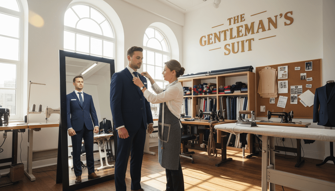 Tailor adjusting a suit jacket on a customer