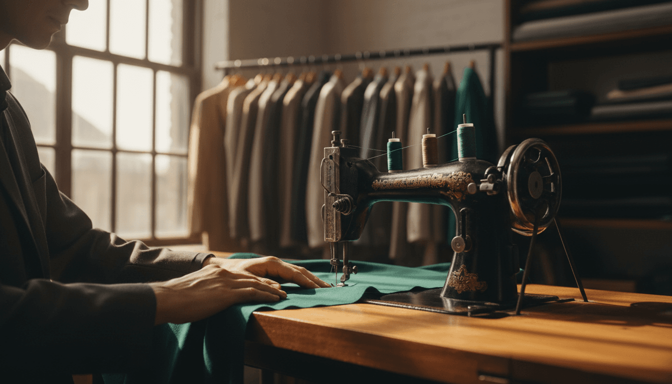 Tailor carefully sewing fabric with needle and thread in a bright workshop