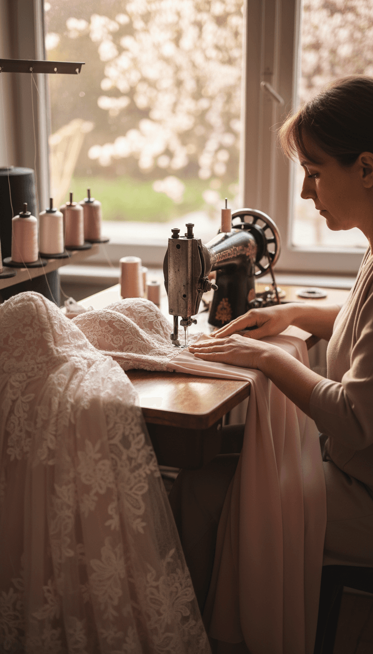 Sewing machine stitching fabric in a professional workshop