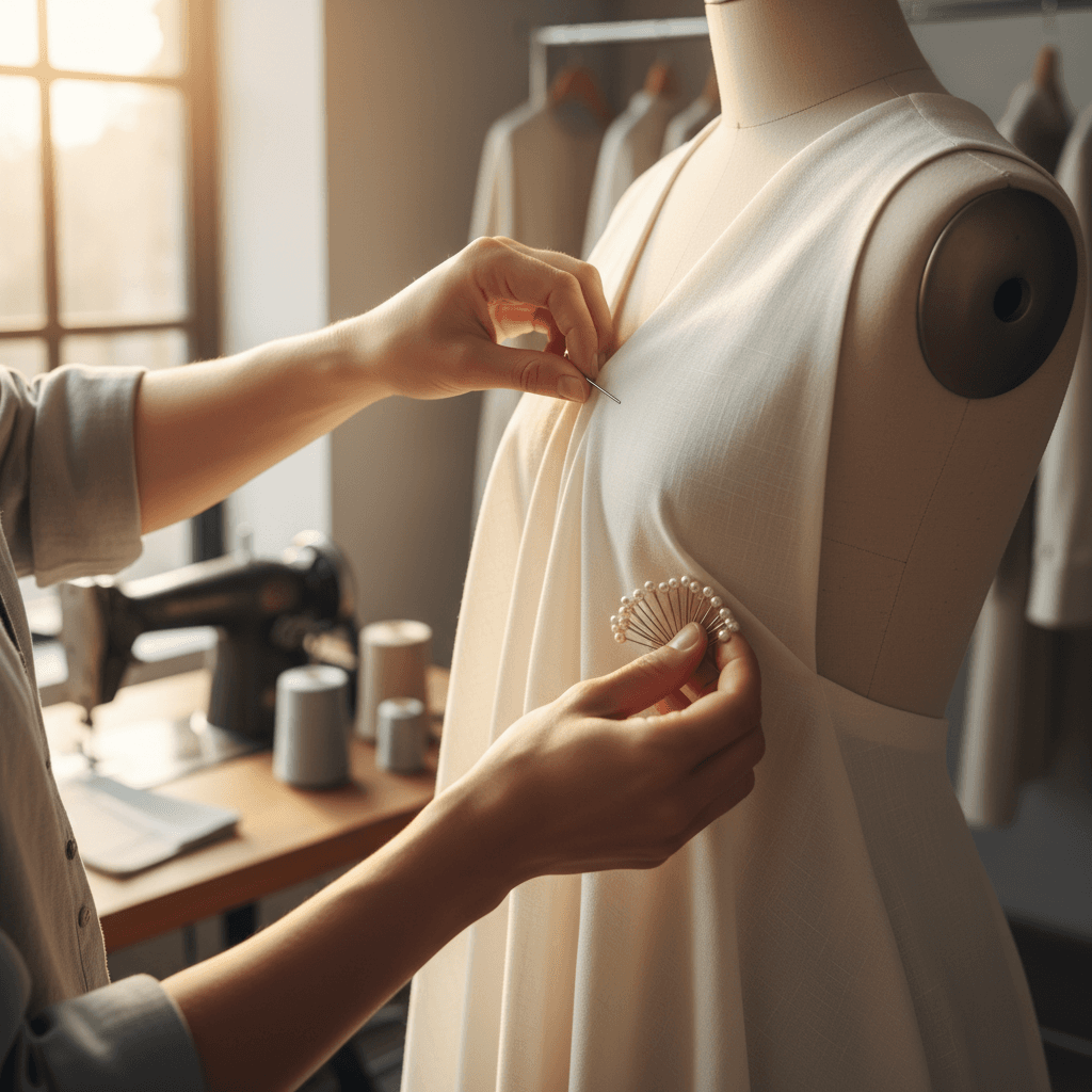 Tailor pinning a jacket sleeve during a fitting in a bright workshop