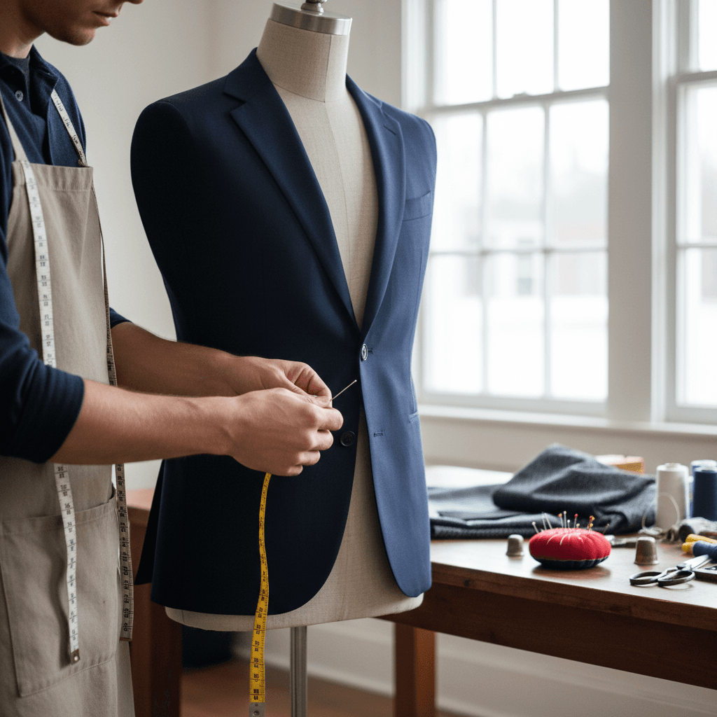 tailor measuring a customer's suit jacket in a bright tailor shop