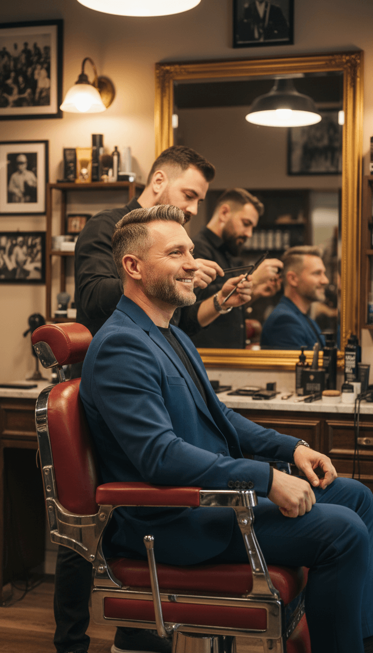 Tailor adjusting a suit jacket on a customer in a bright shop