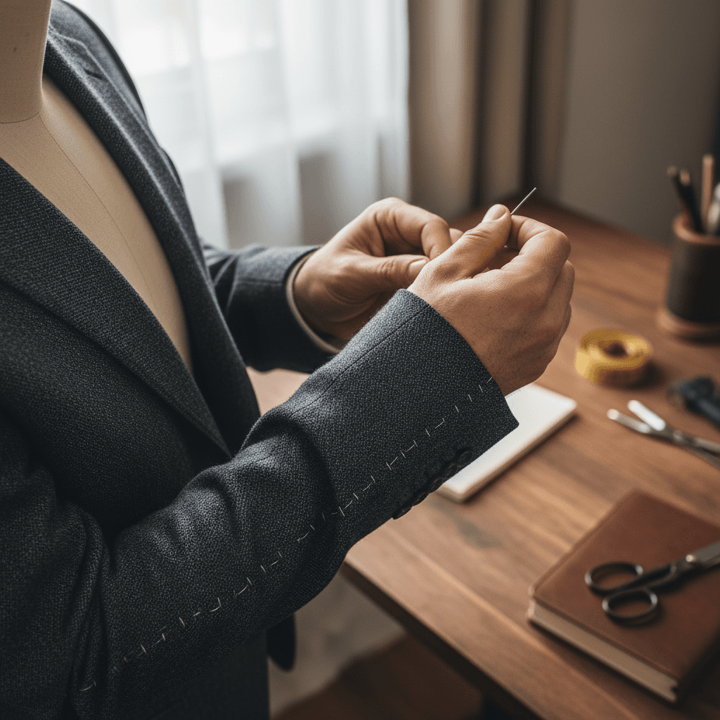Master tailor's hands precisely pinning and adjusting charcoal suit jacket sleeve on dress form with natural light