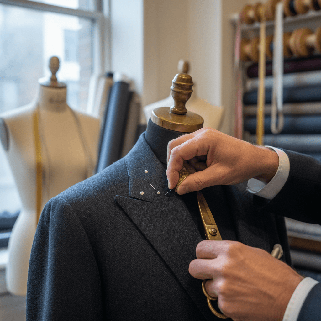 Tailor's hands carefully stitching a suit jacket at a workbench