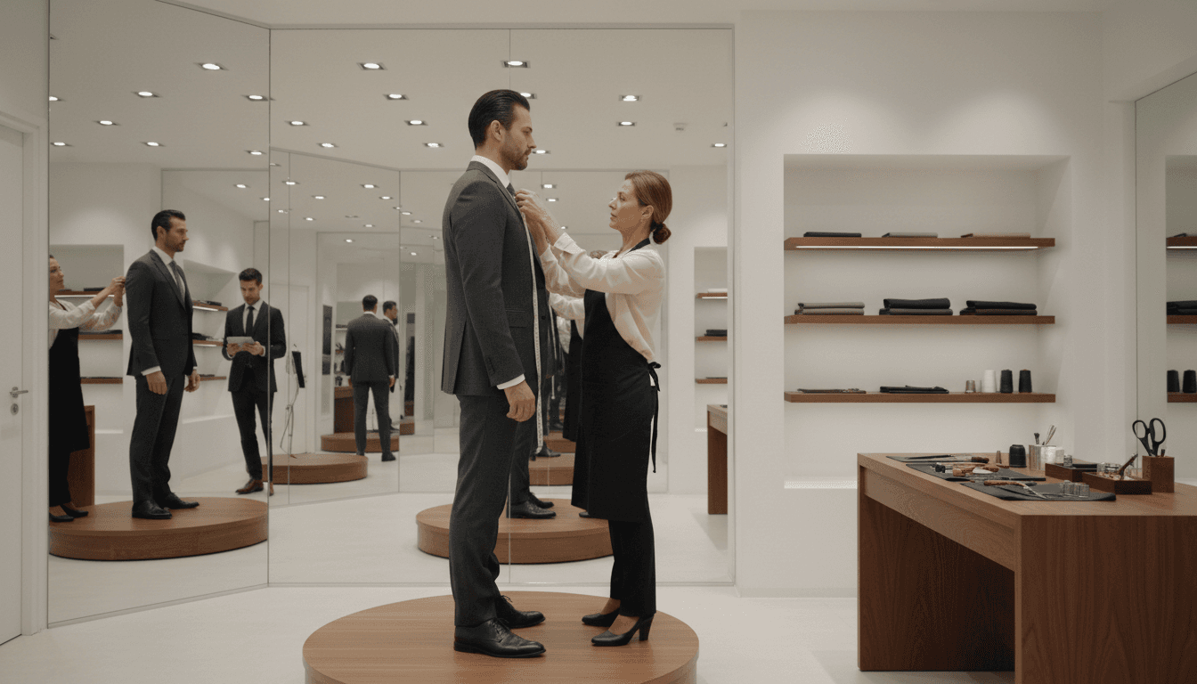 Tailor measuring a suit jacket on a client in a bright tailor shop