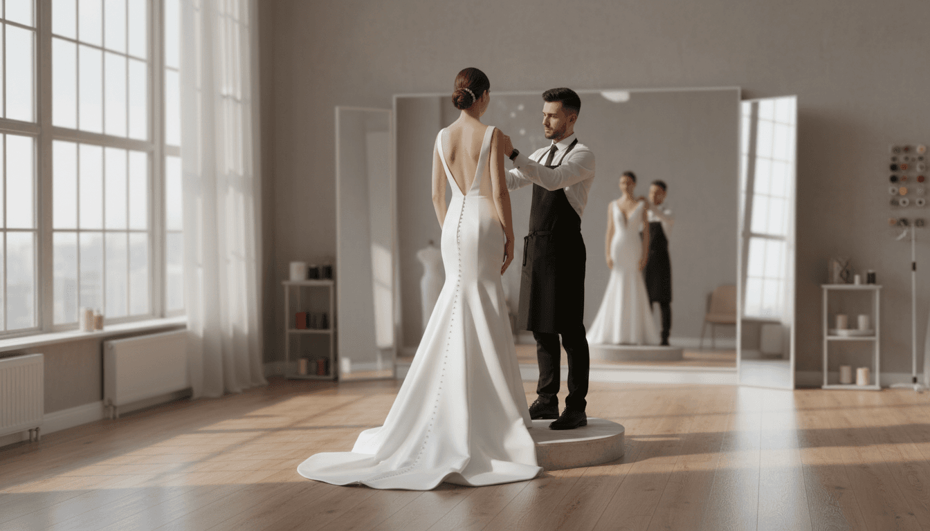 Tailor adjusting a bridal gown fitting in an elegant fitting room