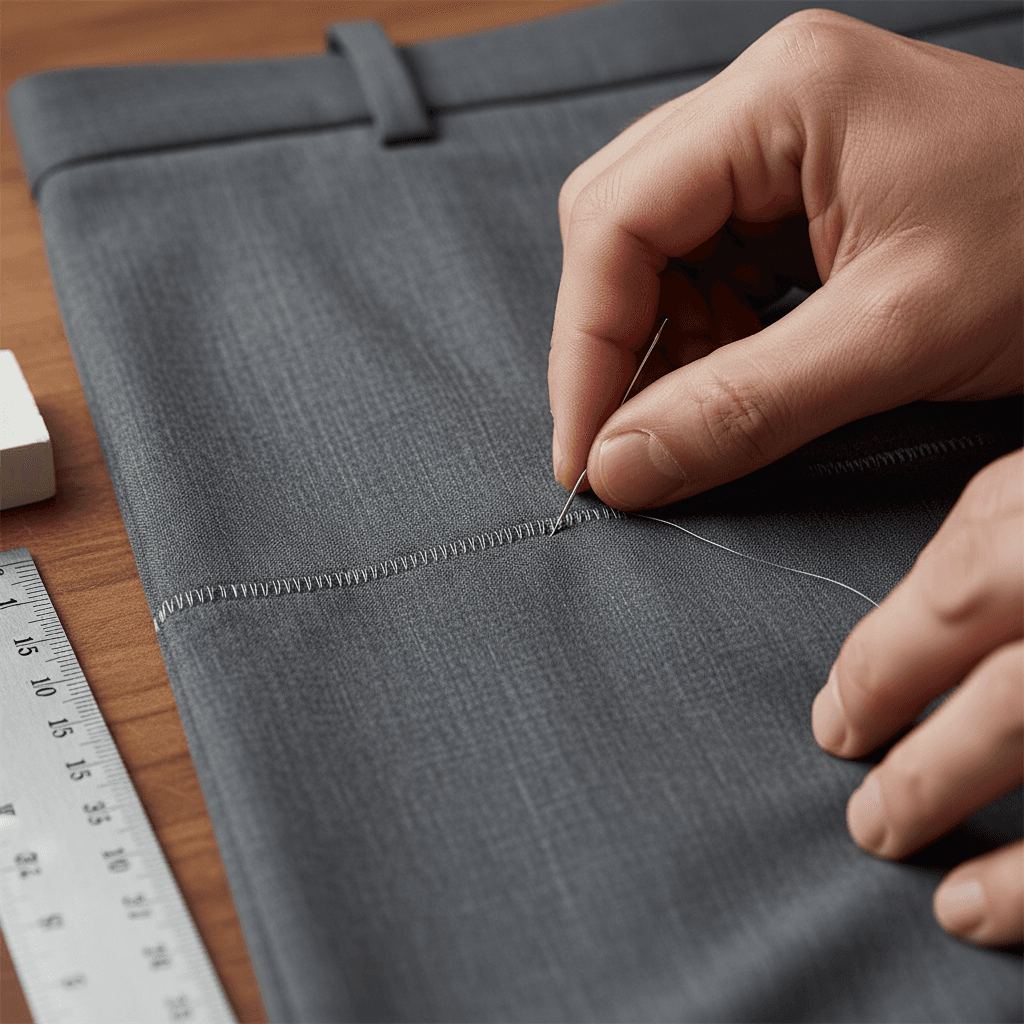 Close-up of a finished hem on dress trousers